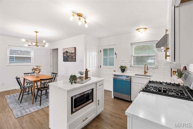 216 Clearpoint Ln, Saint Louis, MO 63123 - kitchen featuring appliances with stainless steel finishes, a sink, a chandelier, and light wood-style floors