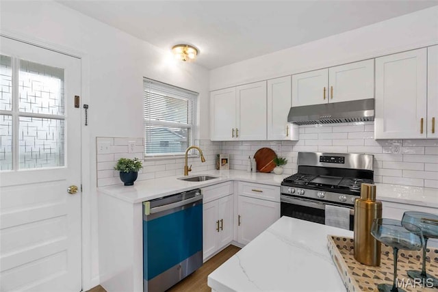 216 Clearpoint Ln, Saint Louis, MO 63123 - kitchen with dishwasher, extractor fan, stainless steel gas range oven, a sink, and white cabinetry