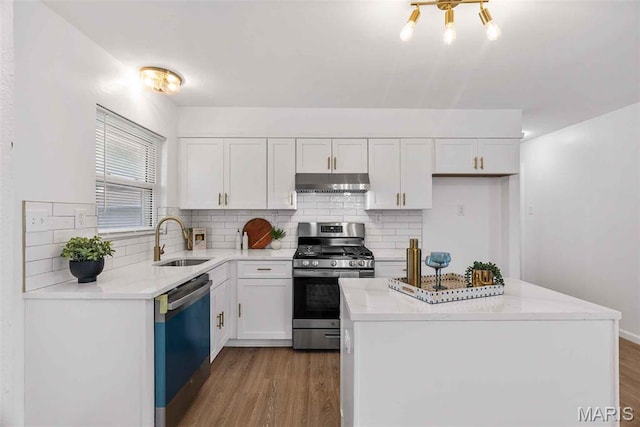 216 Clearpoint Ln, Saint Louis, MO 63123 - kitchen with dishwasher, gas stove, a sink, under cabinet range hood, and light wood finished floors