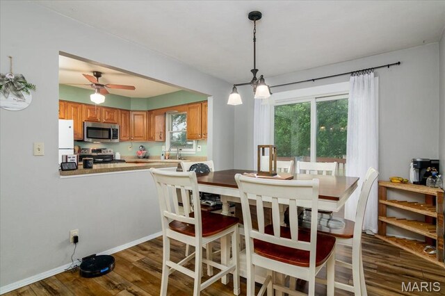 1170 Bond St, Carlyle, IL 62231 - dining area with dark wood finished floors, ceiling fan, and baseboards