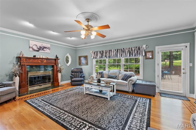 807 Caribou Ct, Cape Girardeau, MO 63701 - living area featuring healthy amount of natural light, a ceiling fan, wood finished floors, and ornamental molding
