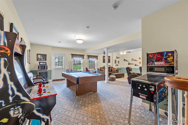 807 Caribou Ct, Cape Girardeau, MO 63701 - playroom featuring pool table, carpet flooring, ornate columns, and ceiling fan