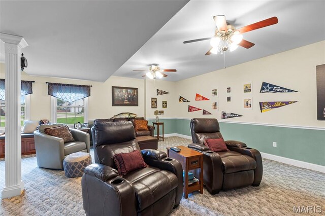 807 Caribou Ct, Cape Girardeau, MO 63701 - carpeted cinema room featuring ornate columns, a ceiling fan, and baseboards
