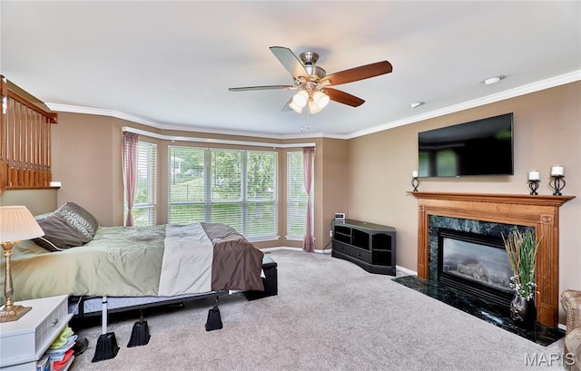 2052 Peine Frst, Wentzville, MO 63385 - bedroom with crown molding, carpet floors, a premium fireplace, and a ceiling fan