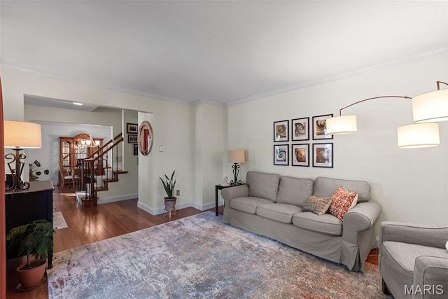 113 Christine Cay Ct, Saint Charles, MO 63304 - living room featuring wood finished floors, stairs, crown molding, and baseboards