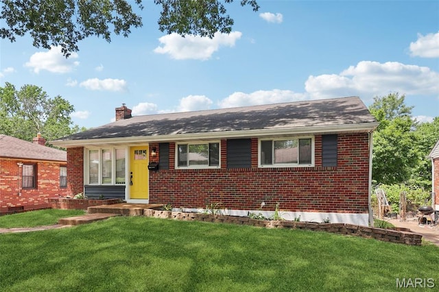 1525 79th St, Saint Louis, MO 63130 - ranch-style home with a front yard, brick siding, and a chimney