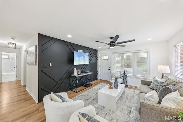 1525 79th St, Saint Louis, MO 63130 - living room with light wood finished floors, ceiling fan, and recessed lighting