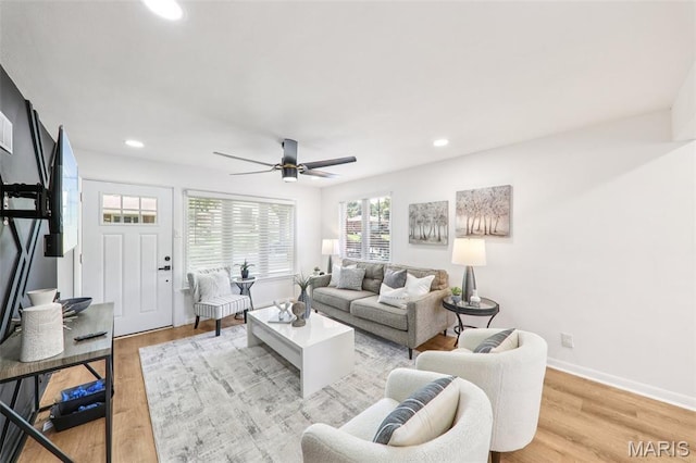 1525 79th St, Saint Louis, MO 63130 - living room with light wood-style flooring, ceiling fan, and recessed lighting