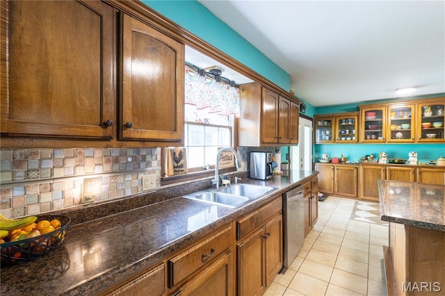 465 County Road 5120, Salem, MO 65560 - kitchen featuring dishwasher, backsplash, light tile patterned floors, and glass insert cabinets