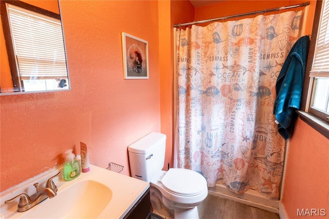 465 County Road 5120, Salem, MO 65560 - bathroom with a textured wall, vanity, wood finished floors, and a shower with curtain