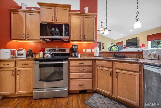 1020 Oak Creek Ln, Waterloo, IL 62298 - kitchen with appliances with stainless steel finishes, a sink, dark wood-type flooring, vaulted ceiling, and pendant lighting