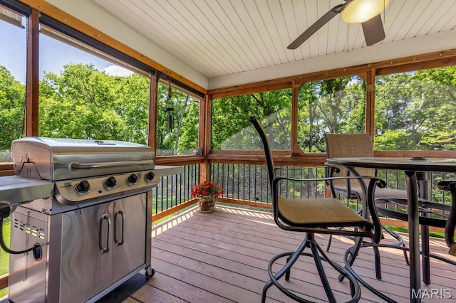 1020 Oak Creek Ln, Waterloo, IL 62298 - deck with a ceiling fan, grilling area, and view of wooded area