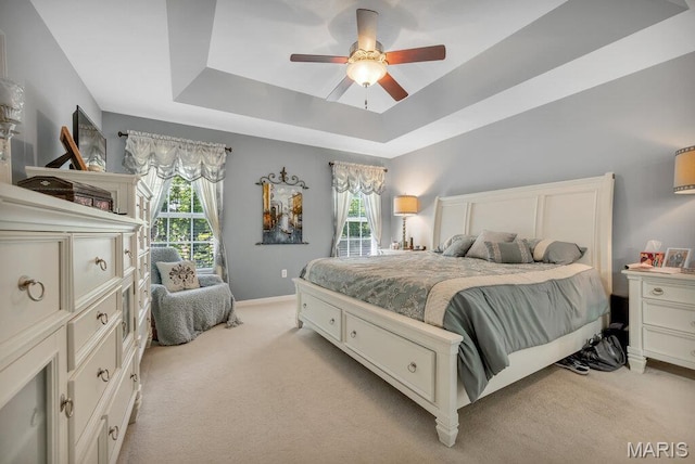 1020 Oak Creek Ln, Waterloo, IL 62298 - bedroom featuring light carpet, multiple windows, a tray ceiling, and baseboards