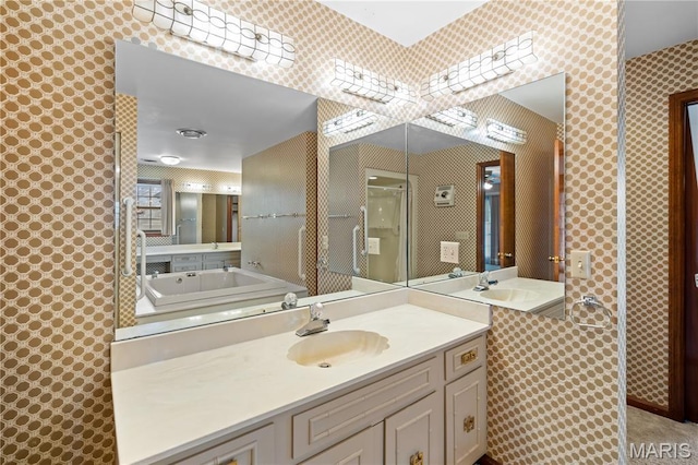 305 Ridge Dr, Sikeston, MO 63801 - bathroom featuring vanity, wallpapered walls, an enclosed shower, and a bath