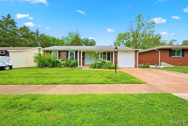 1466 Friar Tuck Ln, Lemay Township, MO 63125 - ranch-style home featuring brick siding, a garage, driveway, and a front yard