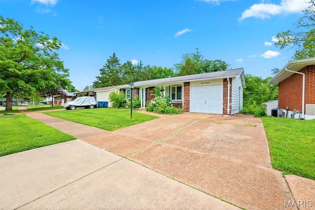 1466 Friar Tuck Ln, Lemay Township, MO 63125 - ranch-style home with brick siding, concrete driveway, a front lawn, and a garage