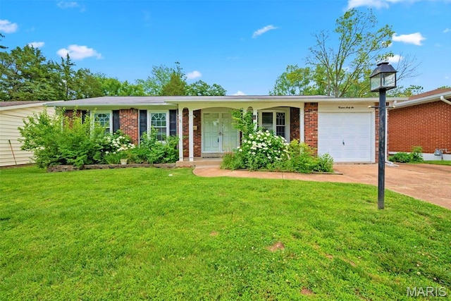 1466 Friar Tuck Ln, Lemay Township, MO 63125 - ranch-style home featuring a garage, brick siding, concrete driveway, and a front lawn