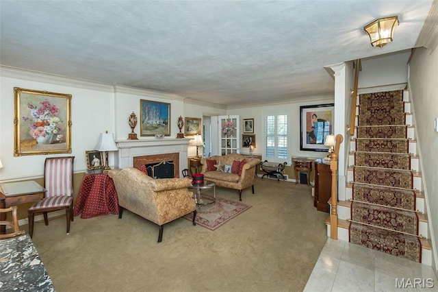 3 Deer Creek Woods, Ladue, MO 63124 - carpeted living room with a fireplace and ornamental molding