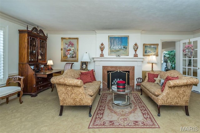 3 Deer Creek Woods, Ladue, MO 63124 - living room featuring ornamental molding, light carpet, and a fireplace