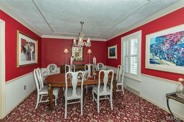 3 Deer Creek Woods, Ladue, MO 63124 - carpeted dining area featuring a chandelier and ornamental molding