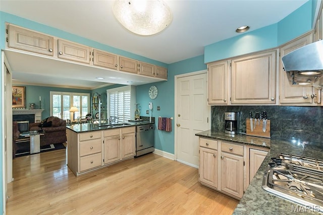 3 Deer Creek Woods, Ladue, MO 63124 - kitchen with appliances with stainless steel finishes, a peninsula, light wood-type flooring, backsplash, and open floor plan