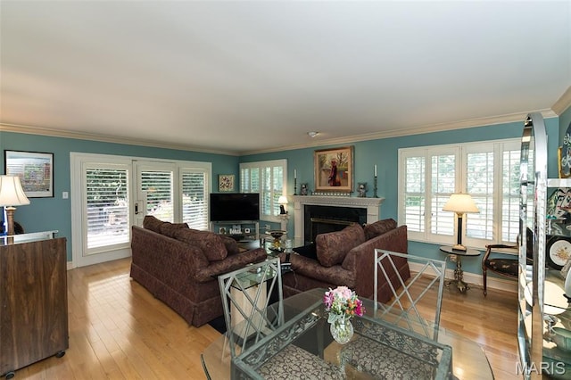 3 Deer Creek Woods, Ladue, MO 63124 - living room featuring light wood finished floors, a fireplace, ornamental molding, and healthy amount of natural light