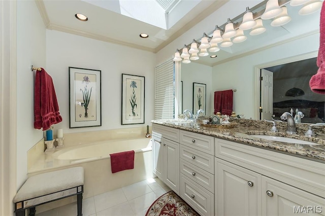3 Deer Creek Woods, Ladue, MO 63124 - full bathroom featuring a skylight, double vanity, a bath, crown molding, and tile patterned floors