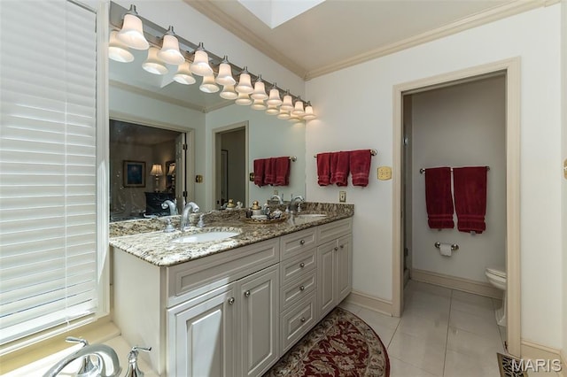 3 Deer Creek Woods, Ladue, MO 63124 - full bath with double vanity, ornamental molding, and tile patterned floors