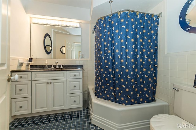 3 Deer Creek Woods, Ladue, MO 63124 - bathroom with tile walls, tile patterned flooring, shower / bath combo, vanity, and a wainscoted wall