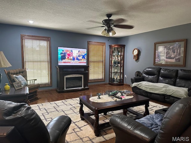 11355 Satmoore Rd, Dexter, MO 63841 - living room with ceiling fan, wood finished floors, a textured ceiling, a glass covered fireplace, and baseboards