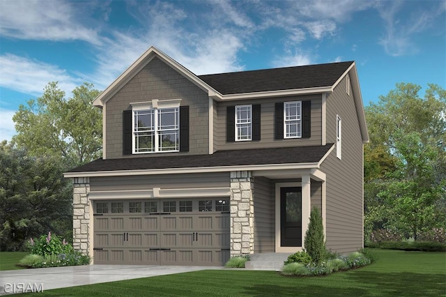 543 Wheatfield Cir, Ofallon, MO 63385 - craftsman house featuring a garage, a front yard, stone siding, and concrete driveway