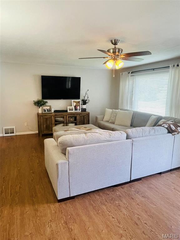 111 Elm St, Cottage Hills, IL 62018 - living area with wood finished floors, ceiling fan, and baseboards