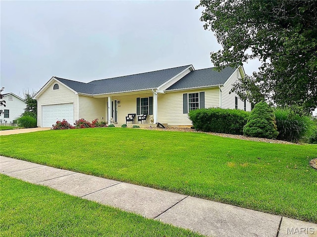 3837 Bedford Pointe Dr, Wentzville, MO 63385 - ranch-style home featuring a porch, an attached garage, a front lawn, and driveway