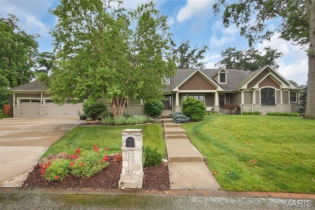 1316 Breezeridge Dr, Des Peres, MO 63131 - craftsman-style house with stone siding, a front lawn, driveway, an attached garage, and a shingled roof