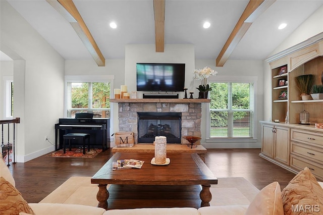 1316 Breezeridge Dr, Des Peres, MO 63131 - living area with dark wood-style floors, healthy amount of natural light, a fireplace, baseboards, and recessed lighting