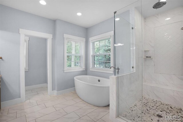 1316 Breezeridge Dr, Des Peres, MO 63131 - full bathroom with a soaking tub, a shower stall, baseboards, recessed lighting, and marble look tile flooring