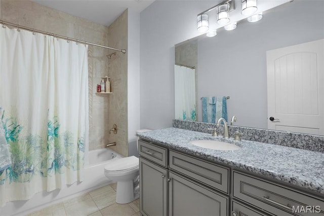 1316 Breezeridge Dr, Des Peres, MO 63131 - bathroom with vanity, toilet, shower / tub combo with curtain, and tile patterned flooring