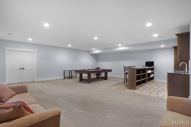 1316 Breezeridge Dr, Des Peres, MO 63131 - living area featuring recessed lighting, light colored carpet, billiards table, and baseboards