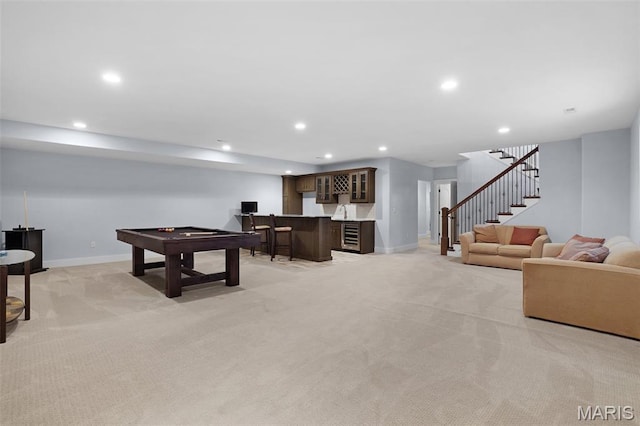 1316 Breezeridge Dr, Des Peres, MO 63131 - rec room featuring wet bar, light colored carpet, recessed lighting, baseboards, and pool table