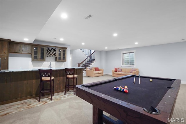 1316 Breezeridge Dr, Des Peres, MO 63131 - rec room featuring bar with sink, recessed lighting, pool table, and light colored carpet
