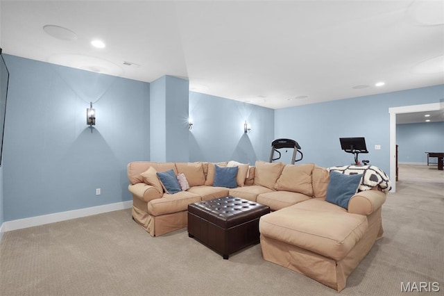 1316 Breezeridge Dr, Des Peres, MO 63131 - living room featuring light colored carpet, baseboards, and recessed lighting