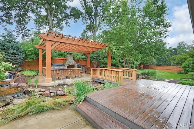 1316 Breezeridge Dr, Des Peres, MO 63131 - wooden terrace with a fenced backyard, a pergola, and area for grilling