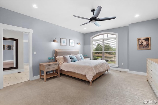 1316 Breezeridge Dr, Des Peres, MO 63131 - bedroom with light colored carpet, a ceiling fan, and recessed lighting