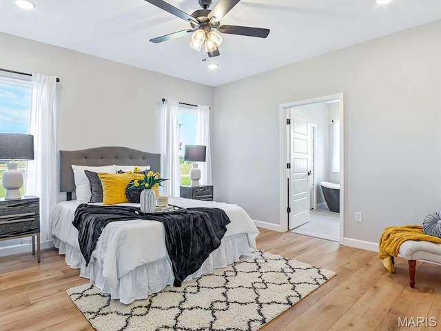 484 Hayden Dr, Waterloo, IL 62298 - bedroom featuring light wood-style floors, recessed lighting, baseboards, ensuite bath, and a ceiling fan