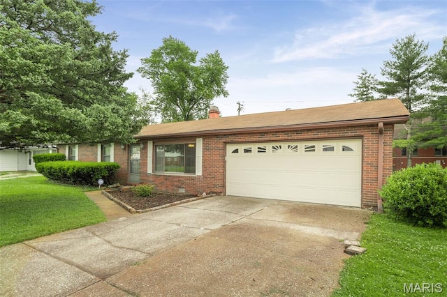 20 Lakeland Blvd, Swansea, IL 62226 - ranch-style house with brick siding, a garage, concrete driveway, a front yard, and a chimney