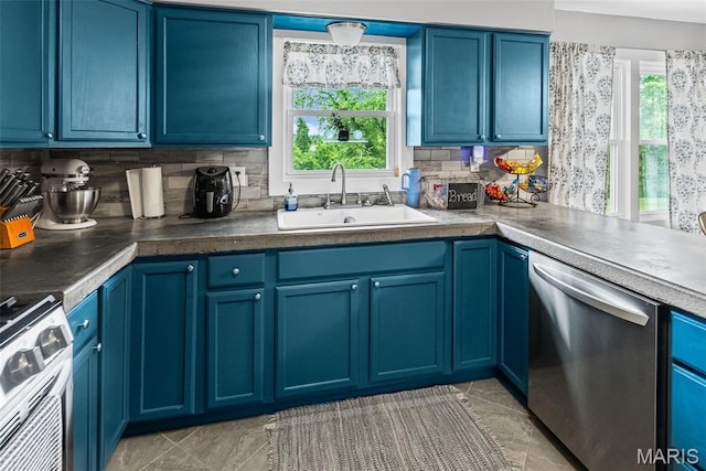 415 Virginia Ave, Cottage Hills, IL 62018 - kitchen featuring appliances with stainless steel finishes, a sink, blue cabinetry, and tasteful backsplash