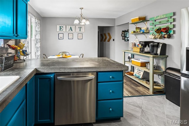 415 Virginia Ave, Cottage Hills, IL 62018 - kitchen featuring stainless steel dishwasher, a chandelier, a peninsula, and blue cabinetry