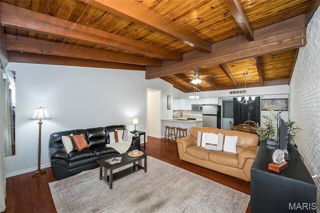 110 Coral Ter Unit 13, Ballwin, MO 63011 - living room featuring baseboards, a chandelier, wood ceiling, ceiling fan, and wood finished floors