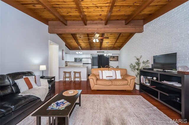 110 Coral Ter Unit 13, Ballwin, MO 63011 - living room featuring wood finished floors, wood ceiling, brick wall, a ceiling fan, and a chandelier