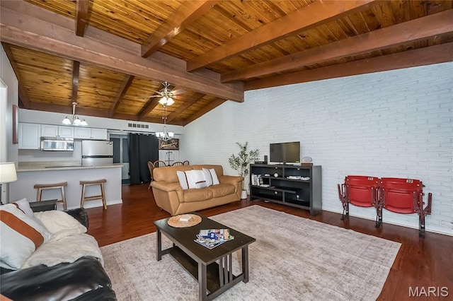 110 Coral Ter Unit 13, Ballwin, MO 63011 - living area with a chandelier, brick wall, wood ceiling, wood finished floors, and ceiling fan